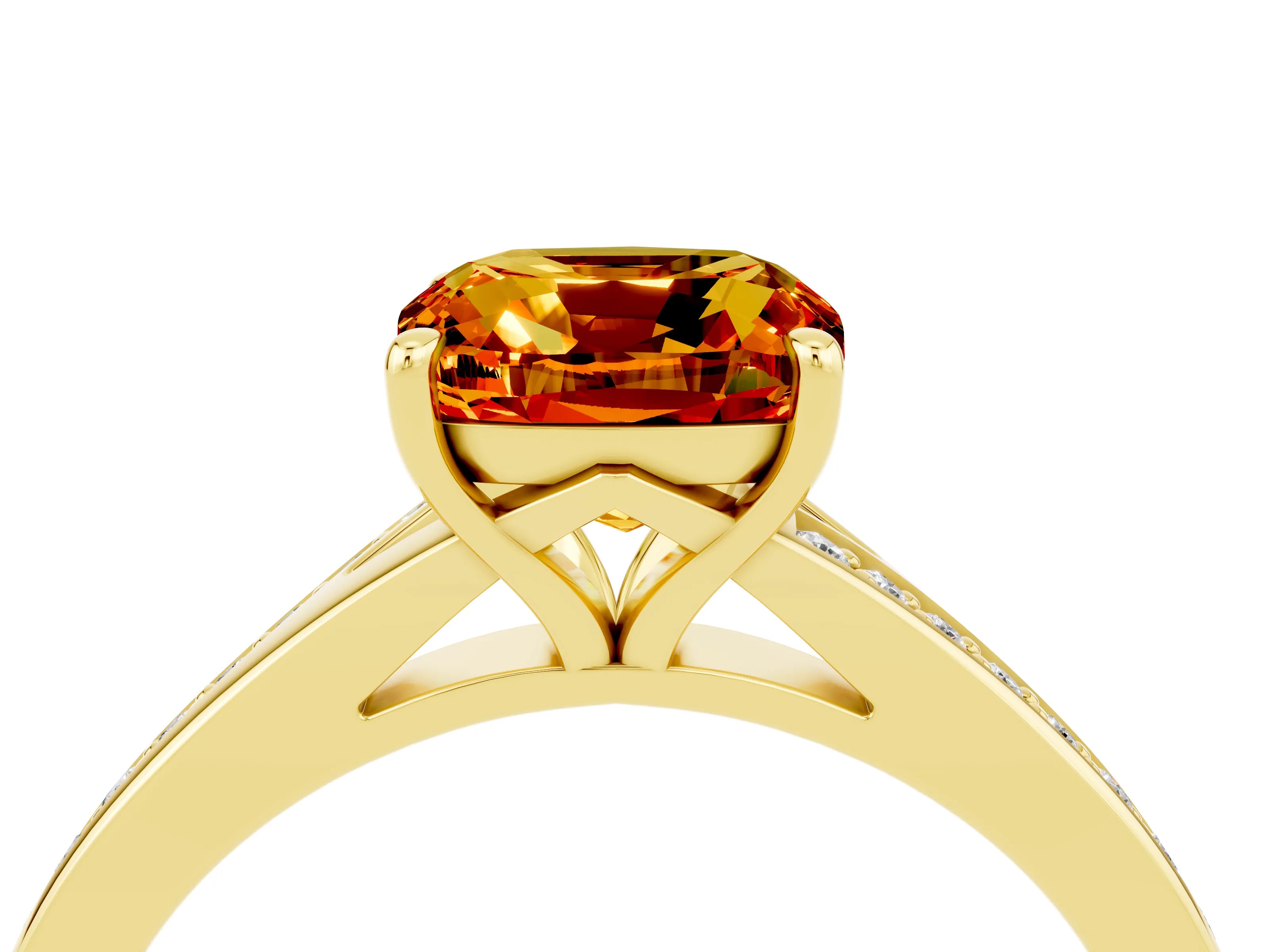 Yellow gold Cushion Cut Citrine Solitaire Ring with Pavé Band and Prong Setting_16