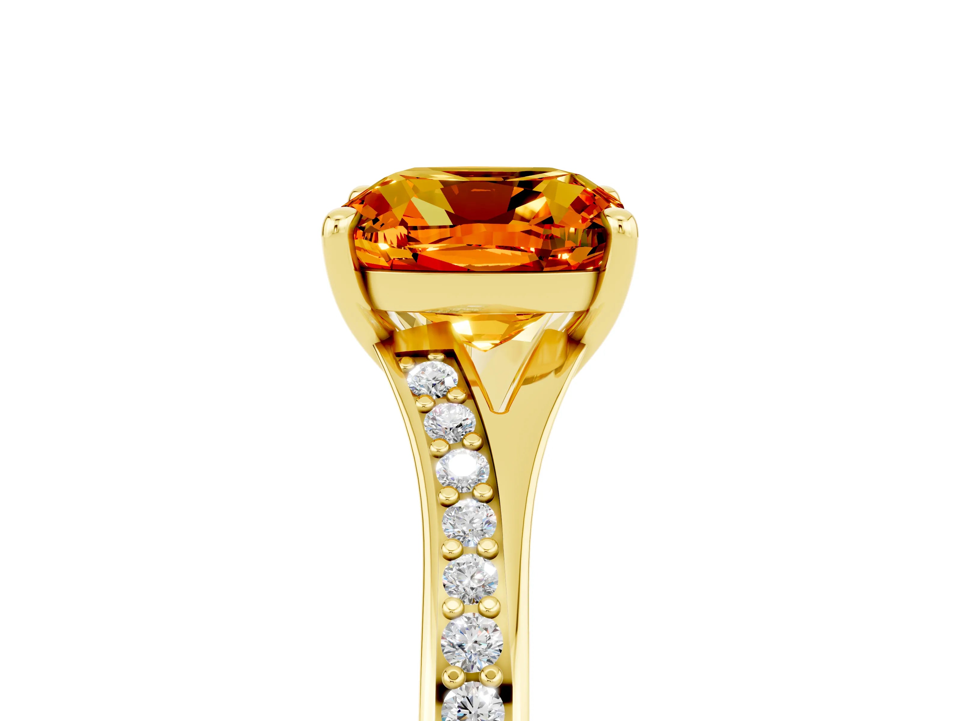 Yellow gold Cushion Cut Citrine Solitaire Ring with Pavé Band and Prong Setting_17