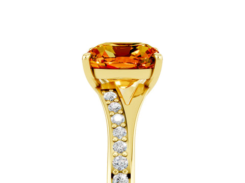 Yellow gold Cushion Cut Citrine Solitaire Ring with Pavé Band and Prong Setting_17
