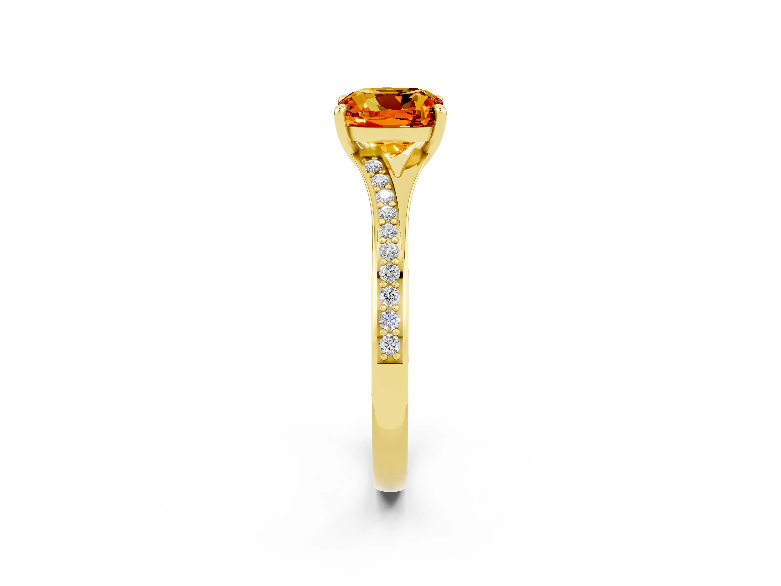 Yellow gold Cushion Cut Citrine Solitaire Ring with Pavé Band and Prong Setting_2