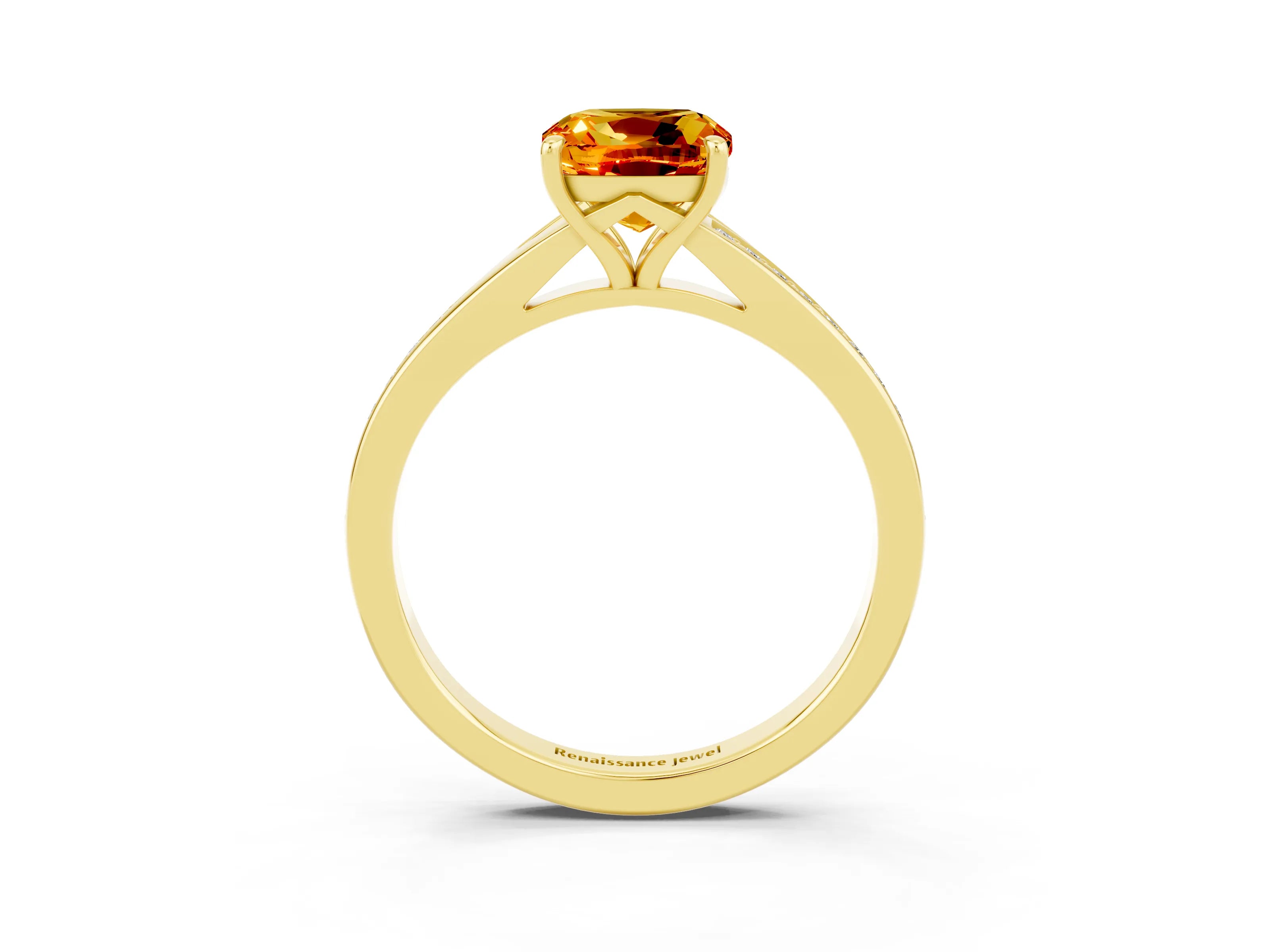 Yellow gold Cushion Cut Citrine Solitaire Ring with Pavé Band and Prong Setting_3