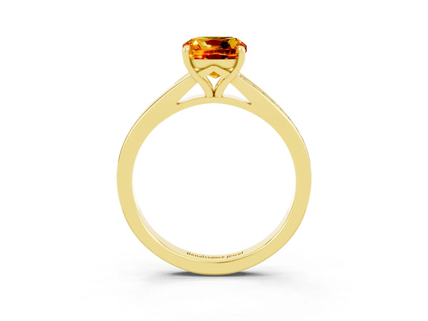 Yellow gold Cushion Cut Citrine Solitaire Ring with Pavé Band and Prong Setting