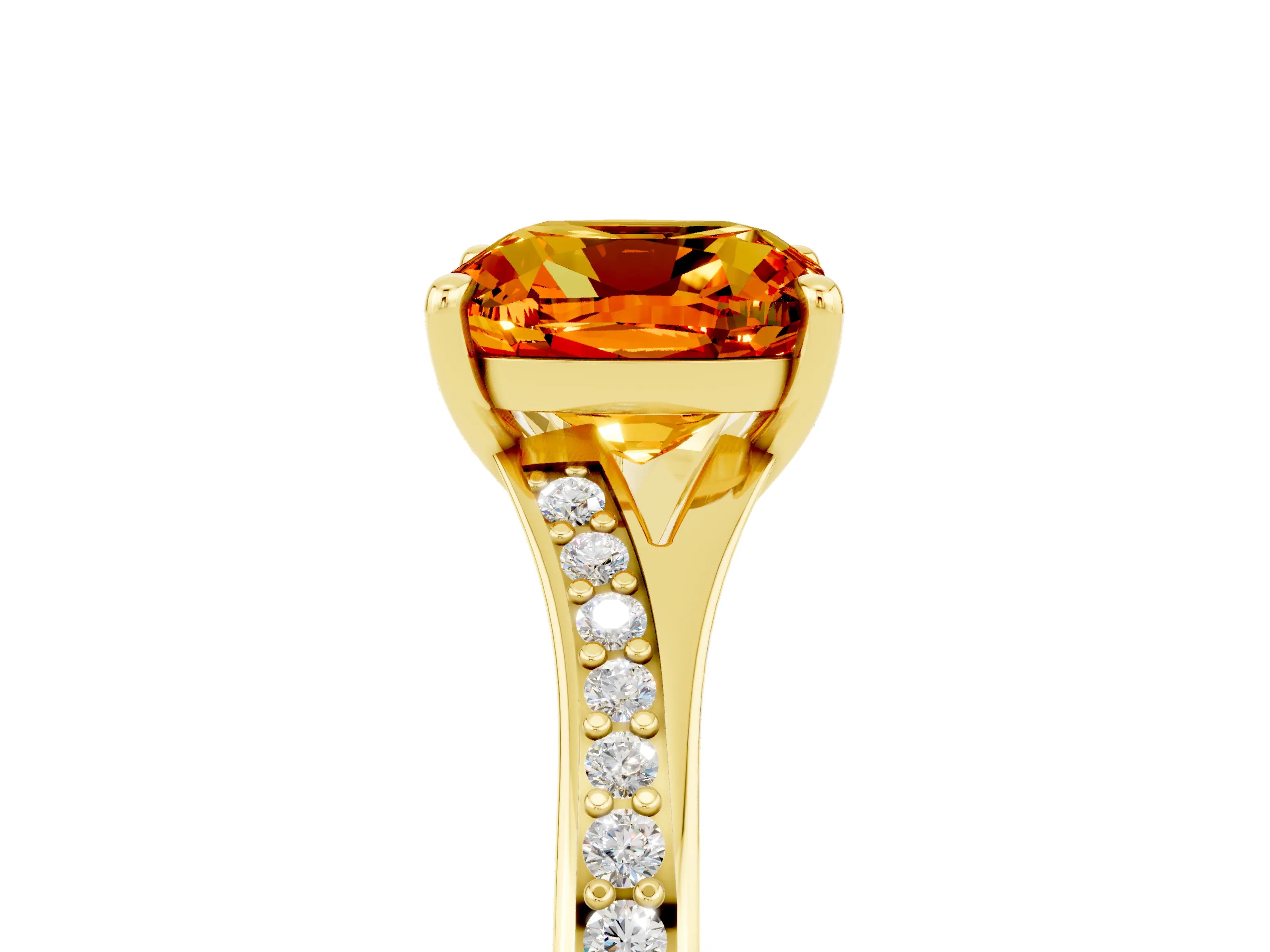 Yellow gold Cushion Cut Citrine Solitaire Ring with Pavé Band and Prong Setting_5