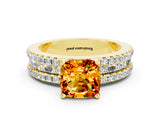 Yellow gold Cushion Cut Citrine Solitaire Ring with Pavé and Channel Set Band