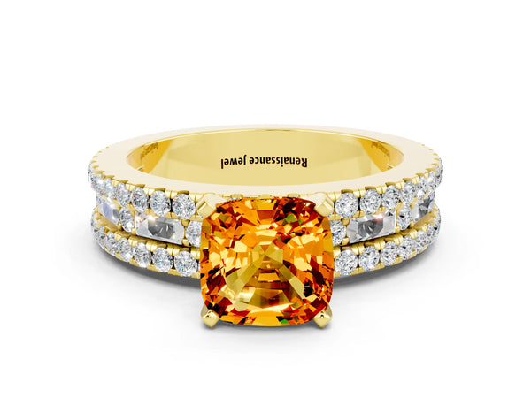 Yellow gold Cushion Cut Citrine Solitaire Ring with Pavé and Channel Set Band