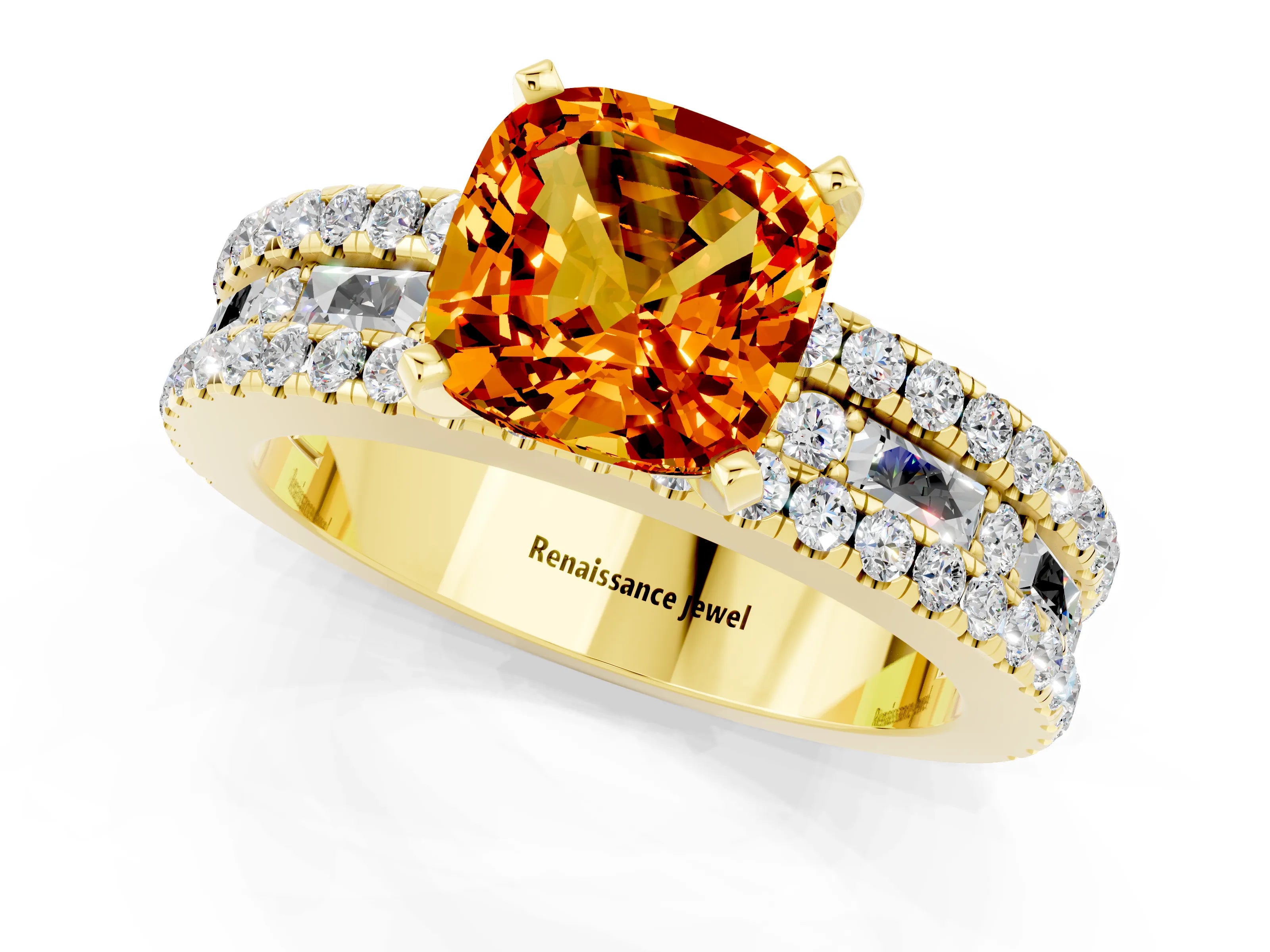 Yellow gold Cushion Cut Citrine Solitaire Ring with Pavé and Channel Set Band_1