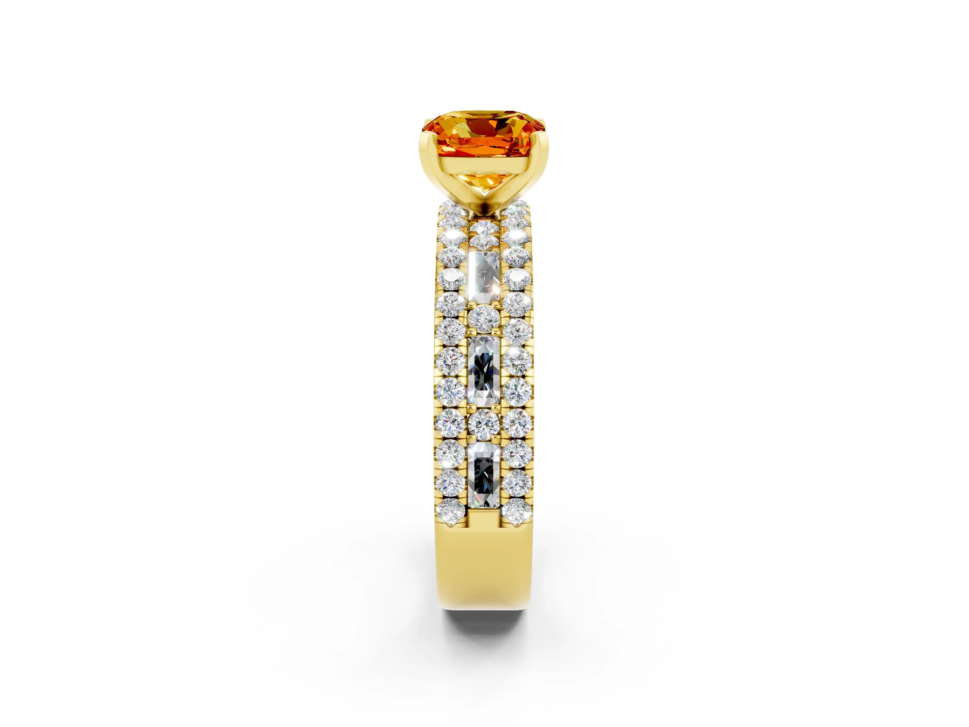 Yellow gold Cushion Cut Citrine Solitaire Ring with Pavé and Channel Set Band_2