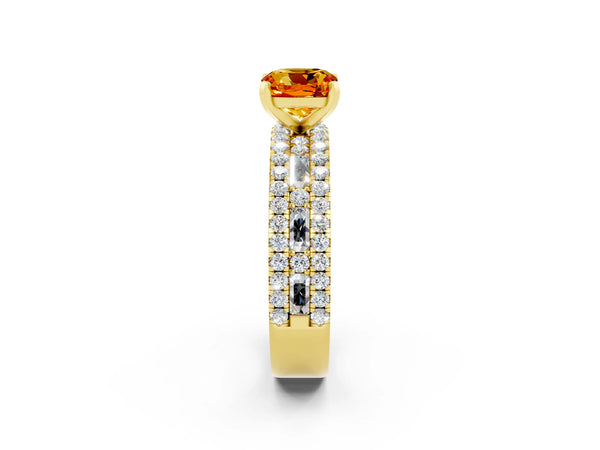 Yellow gold Cushion Cut Citrine Solitaire Ring with Pavé and Channel Set Band