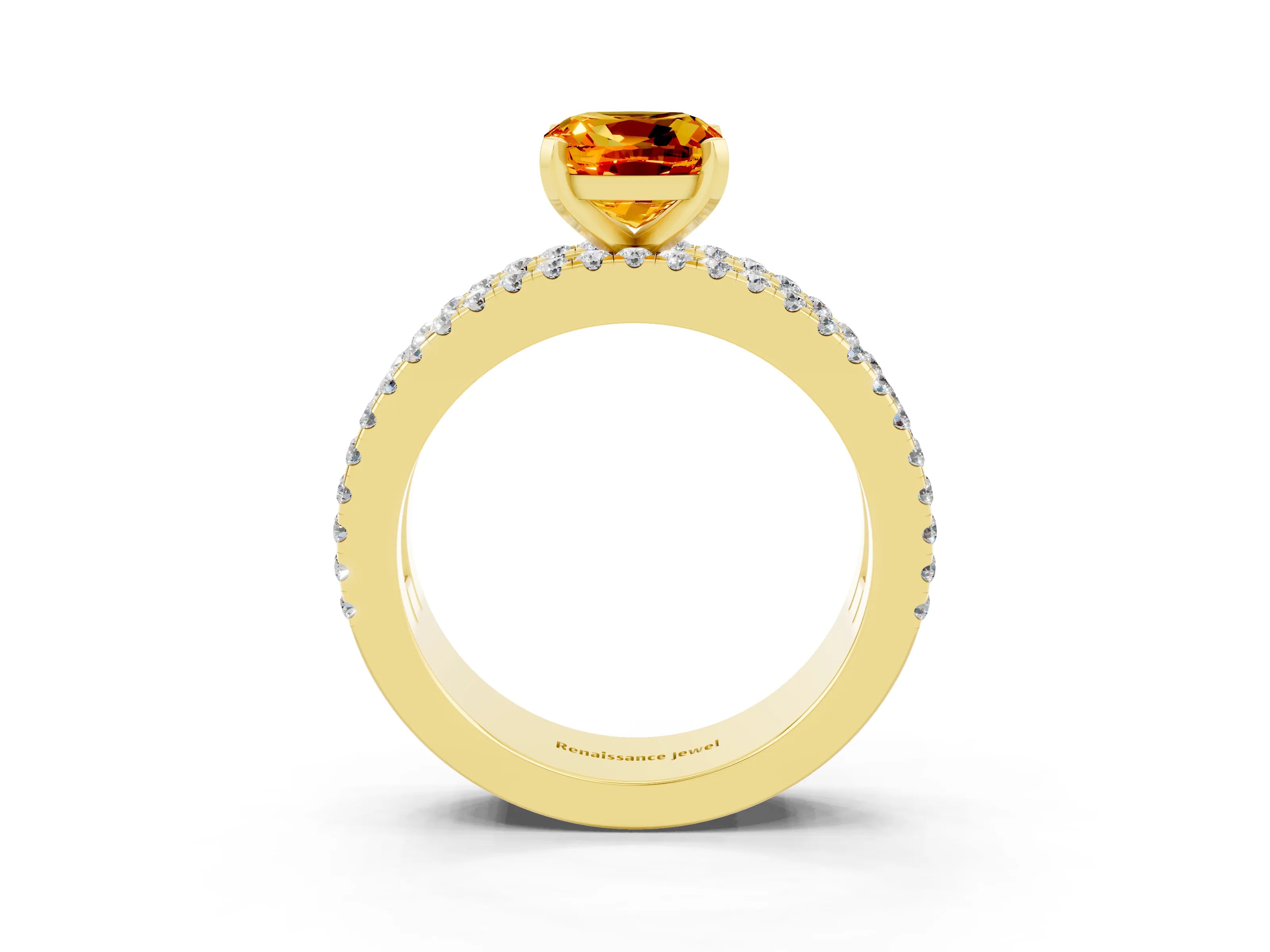 Yellow gold Cushion Cut Citrine Solitaire Ring with Pavé and Channel Set Band_3