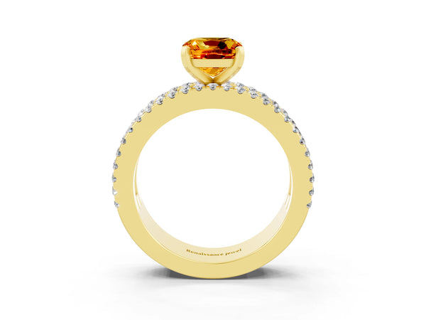 Yellow gold Cushion Cut Citrine Solitaire Ring with Pavé and Channel Set Band