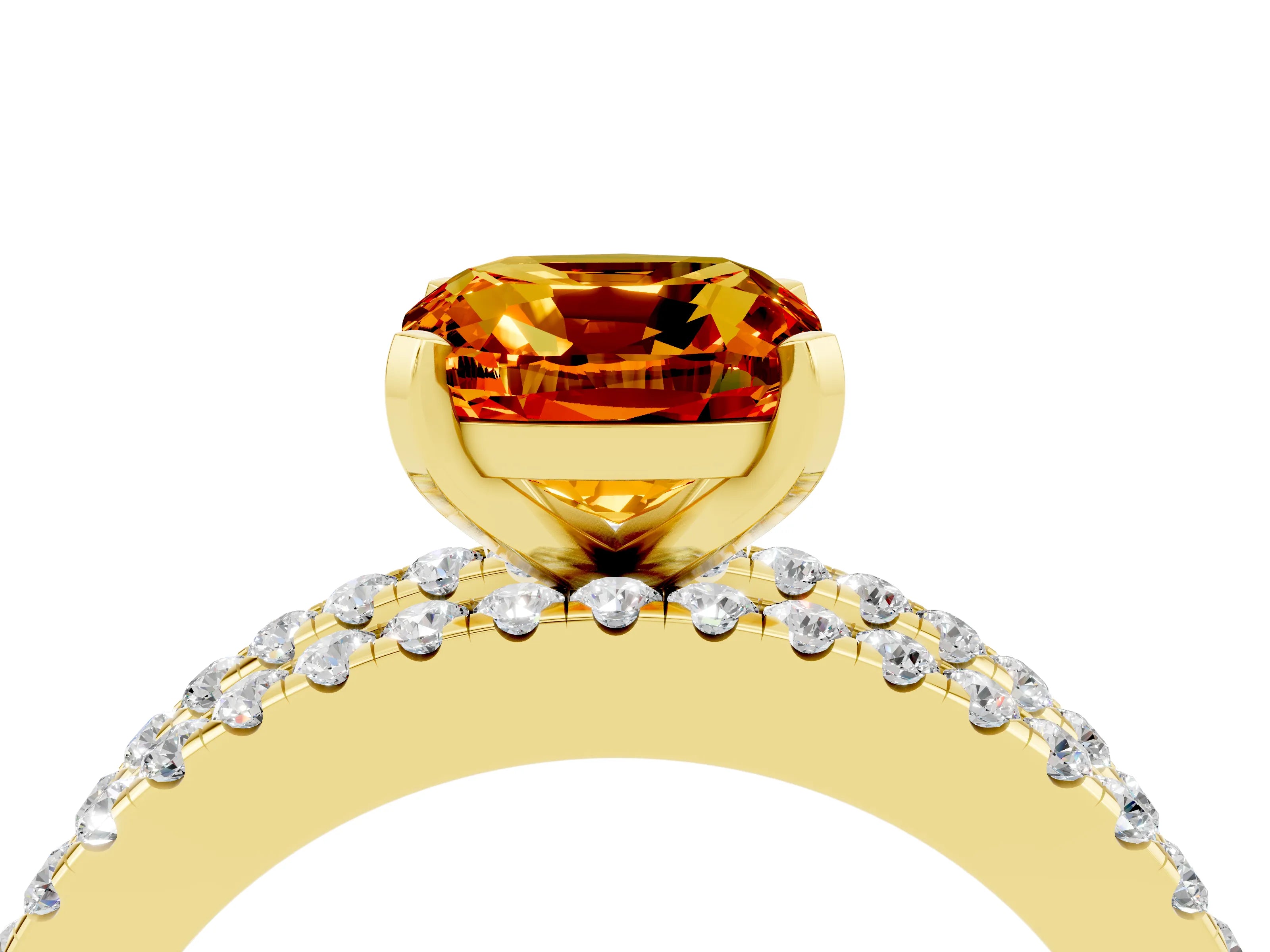 Yellow gold Cushion Cut Citrine Solitaire Ring with Pavé and Channel Set Band_4