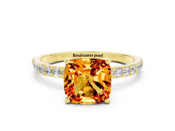 Yellow gold Cushion Cut Citrine Solitaire Ring with Round  Pavé Band and Prong Setting