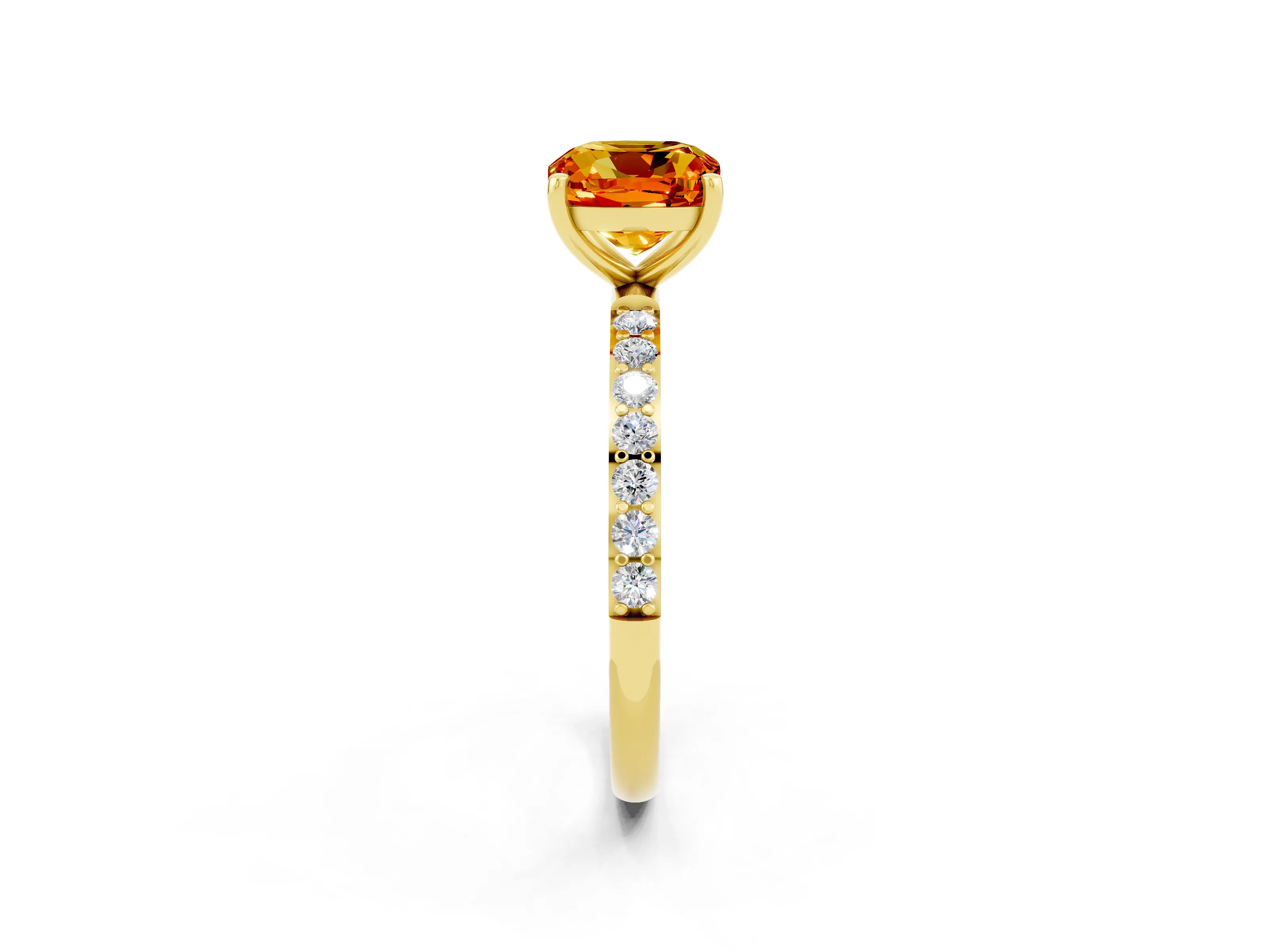 Yellow gold Cushion Cut Citrine Solitaire Ring with Pave Band and Four Prong Setting_14