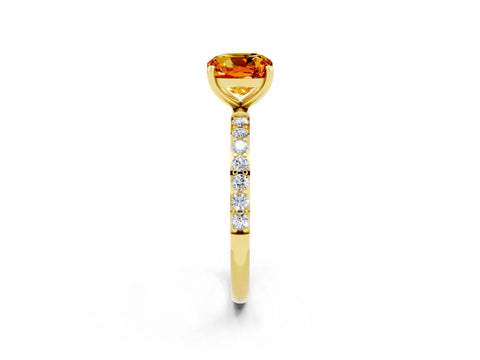 Yellow gold Cushion Cut Citrine Solitaire Ring with Pave Band and Four Prong Setting_14