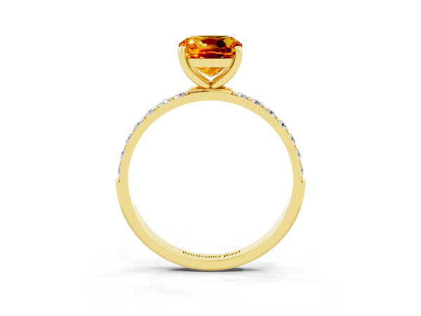 Yellow gold Cushion Cut Citrine Solitaire Ring with Round  Pavé Band and Prong Setting