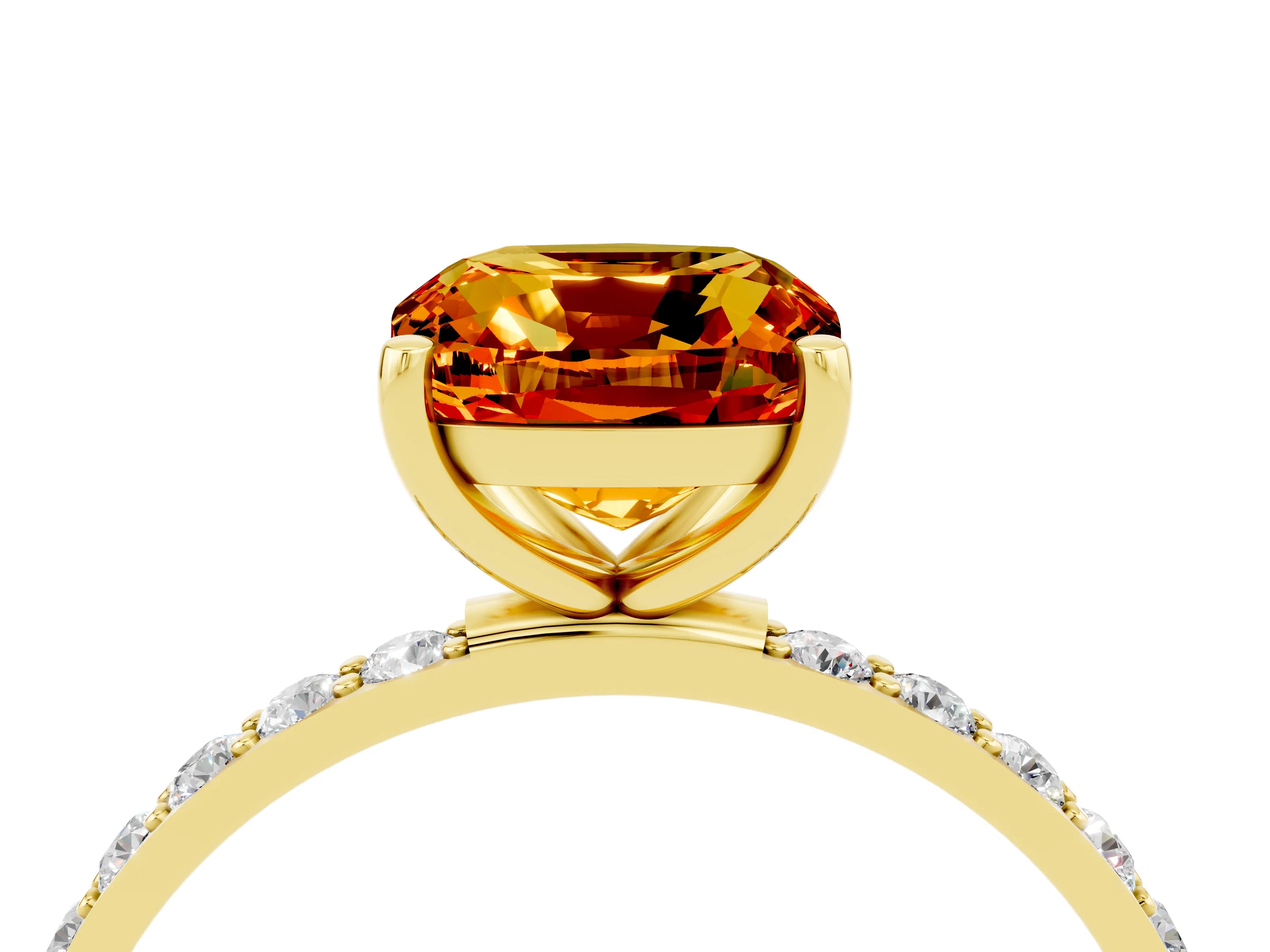Yellow gold Cushion Cut Citrine Solitaire Ring with Pave Band and Four Prong Setting_16