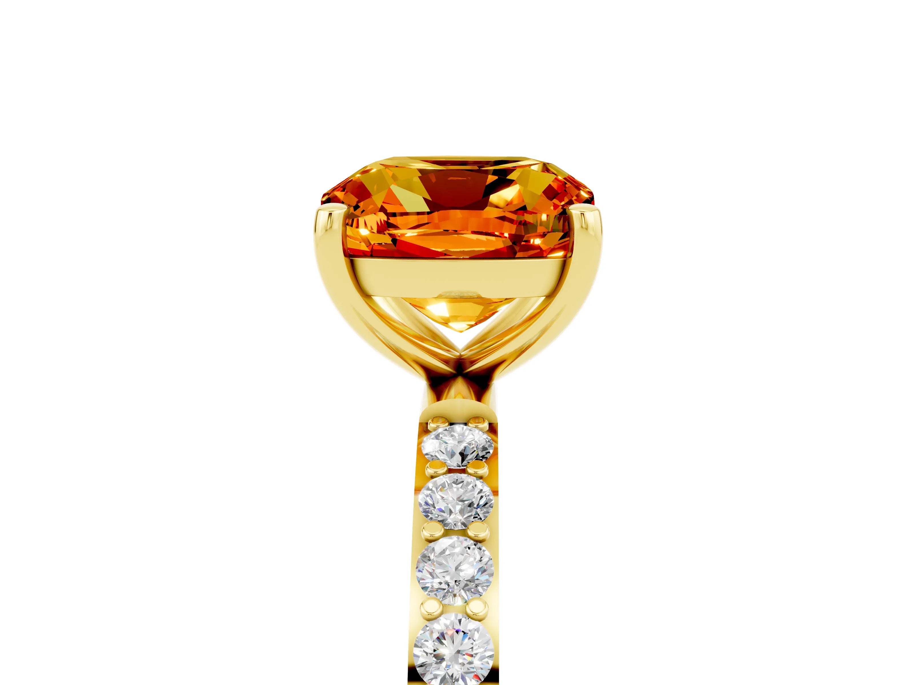 Yellow gold Cushion Cut Citrine Solitaire Ring with Pave Band and Four Prong Setting_17