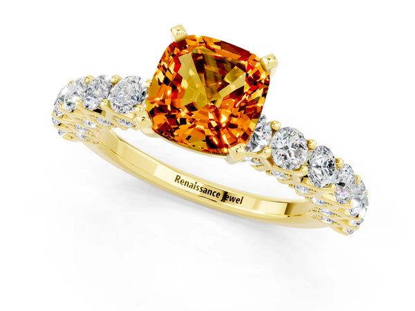 Yellow gold Cushion Cut Citrine Solitaire Ring with Shared Prong Pavé Band and Four-Prong Setting