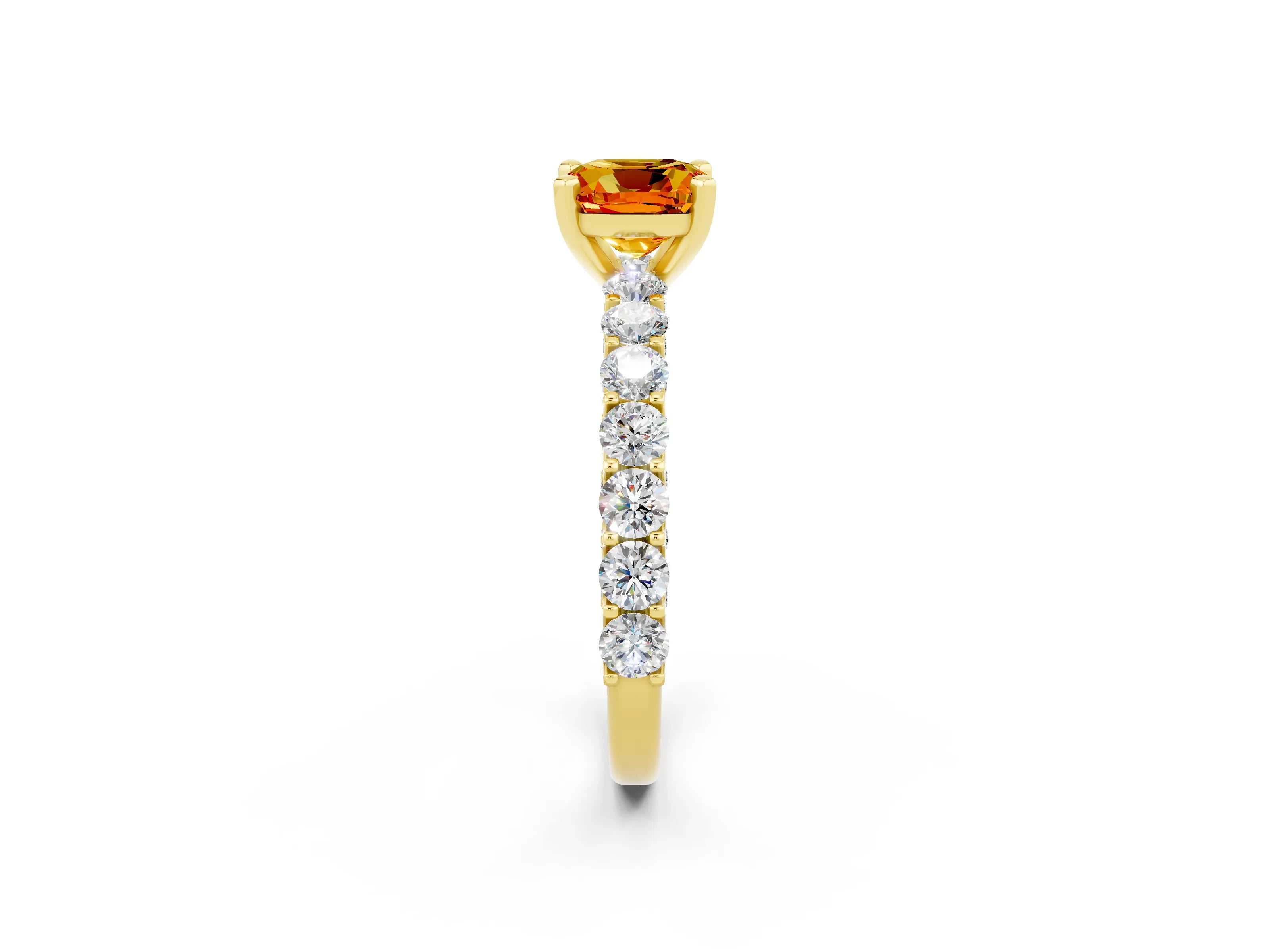 Yellow gold Cushion Cut Citrine Solitaire Ring with Shared Prong Pavé Band and Four-Prong Setting_2