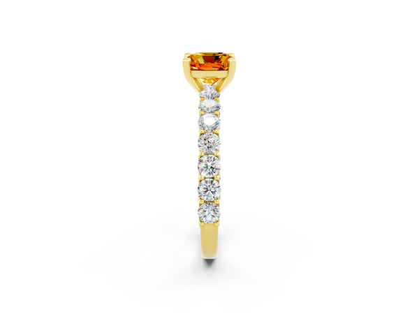 Yellow gold Cushion Cut Citrine Solitaire Ring with Shared Prong Pavé Band and Four-Prong Setting