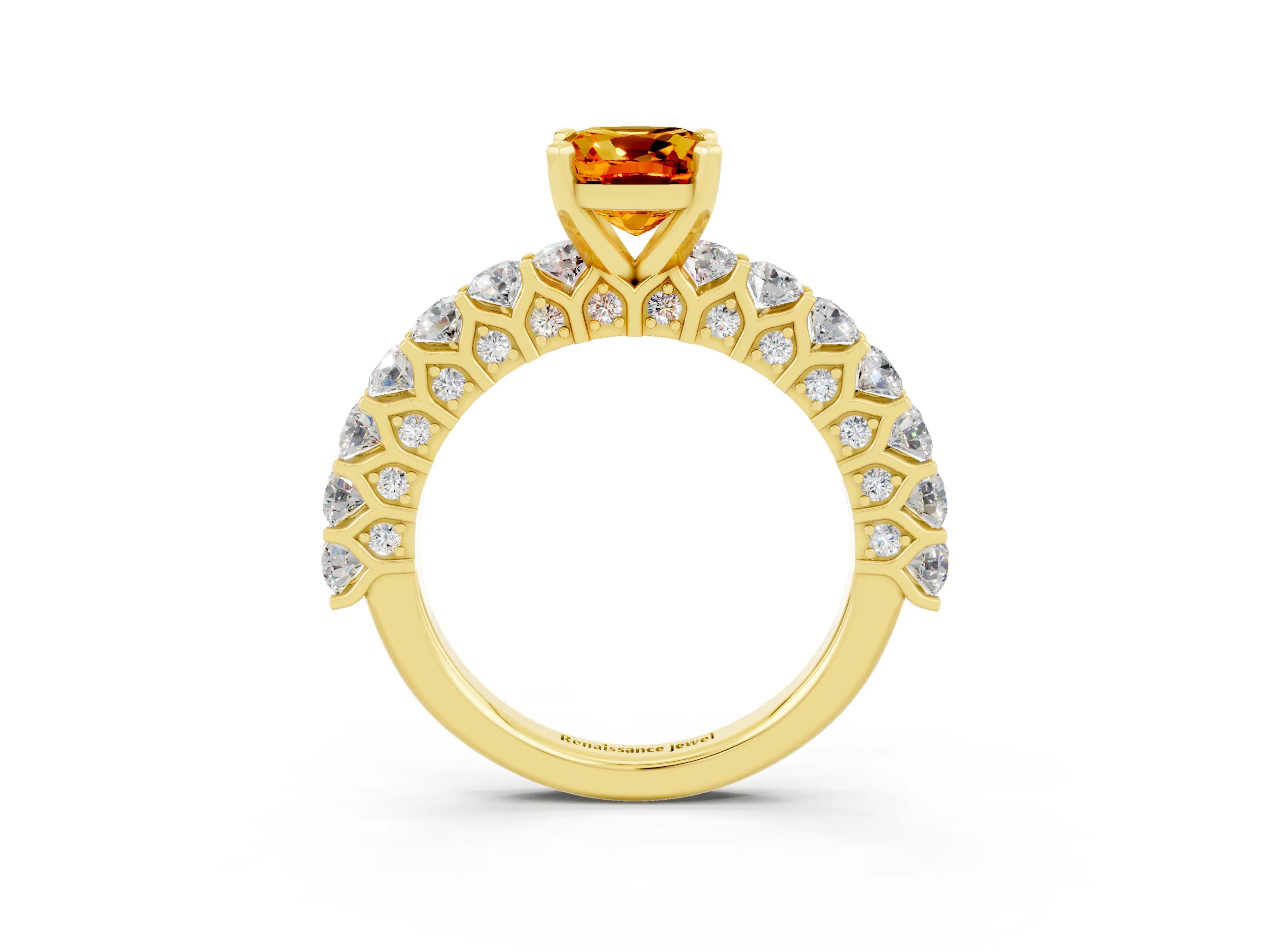 Yellow gold Cushion Cut Citrine Solitaire Ring with Shared Prong Pavé Band and Four-Prong Setting_3
