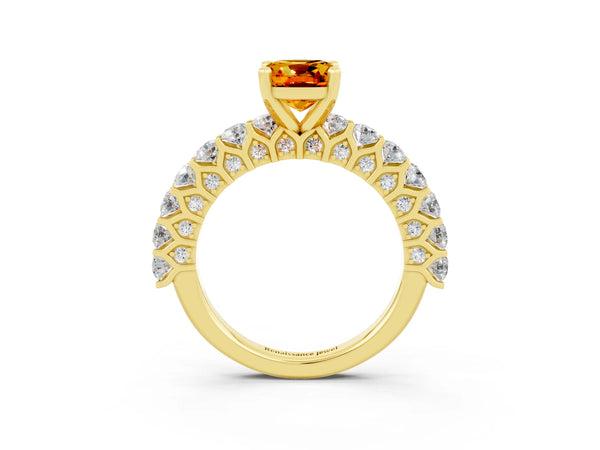 Yellow gold Cushion Cut Citrine Solitaire Ring with Shared Prong Pavé Band and Four-Prong Setting