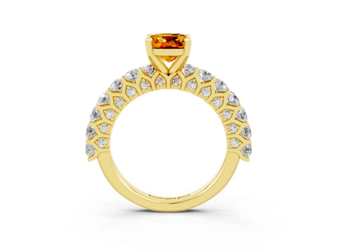 Yellow gold Cushion Cut Citrine Solitaire Ring with Shared Prong Pavé Band and Four-Prong Setting_3