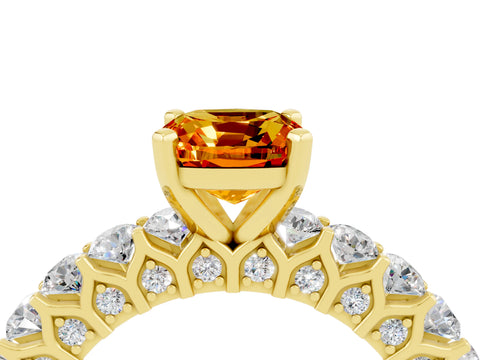 Yellow gold Cushion Cut Citrine Solitaire Ring with Shared Prong Pavé Band and Four-Prong Setting_4
