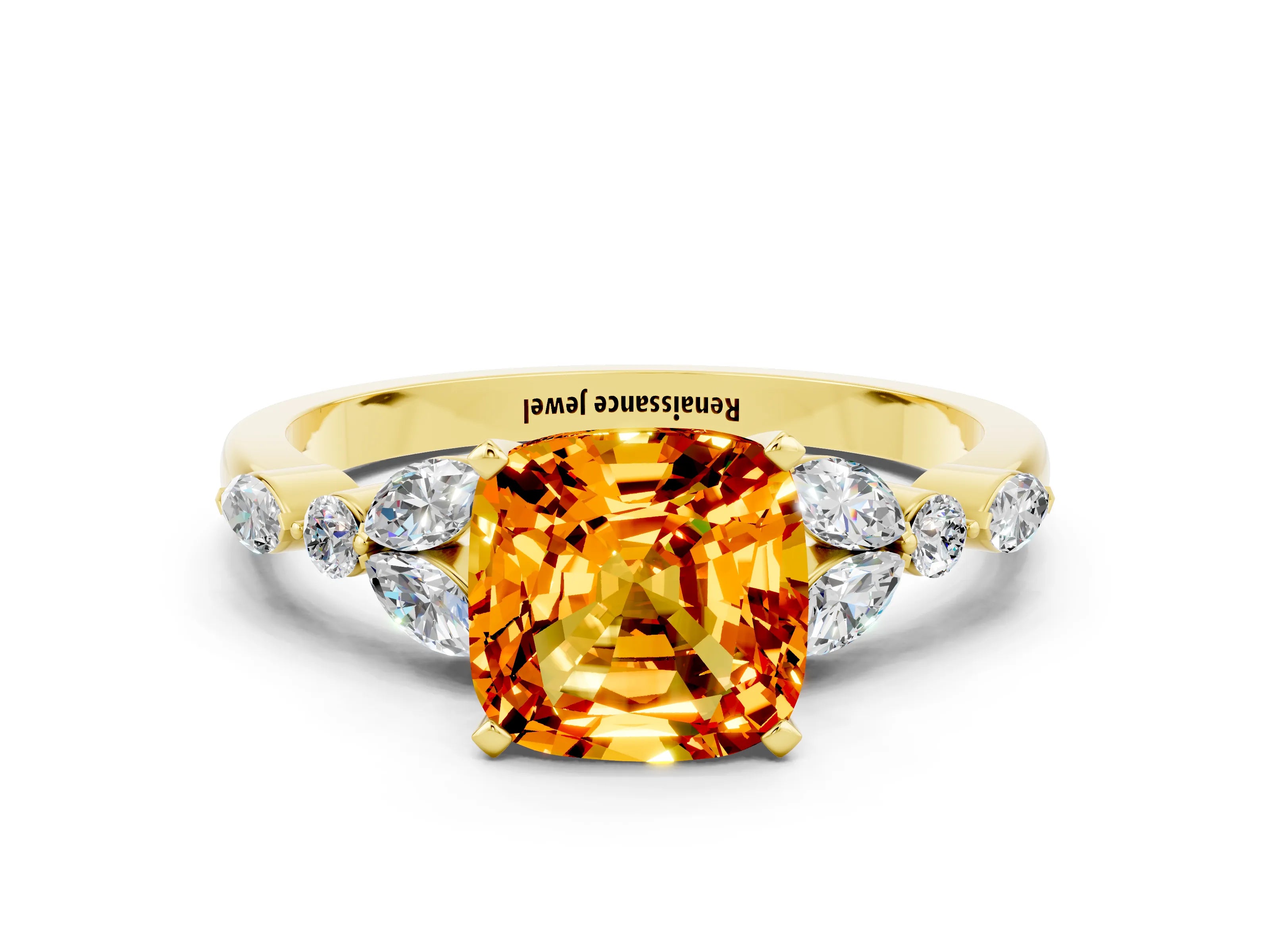 Yellow gold Cushion Cut Citrine Solitaire Ring with Side Stones and Four-Prong Setting_12