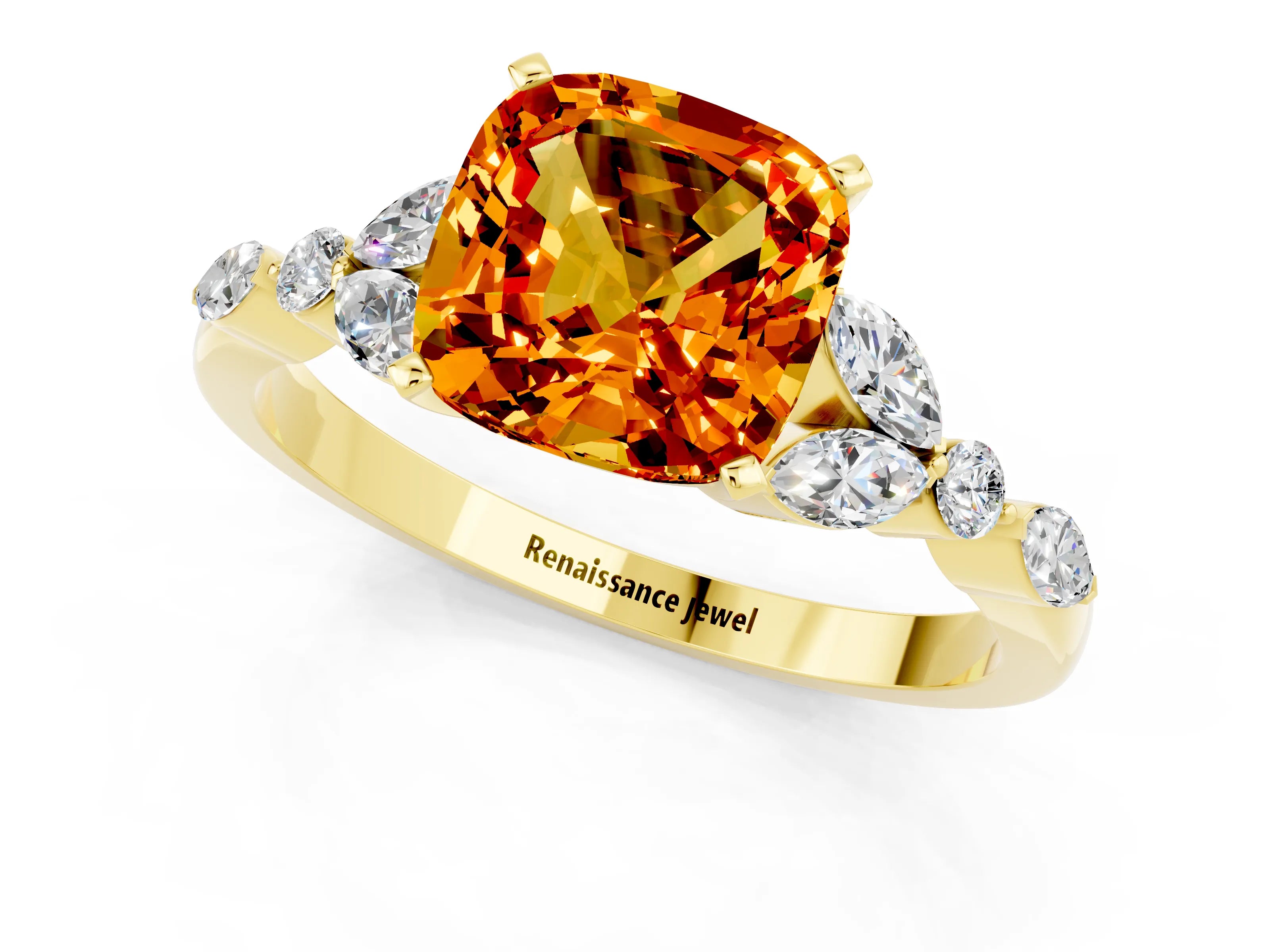 Yellow gold Cushion Cut Citrine Solitaire Ring with Side Stones and Four-Prong Setting_13