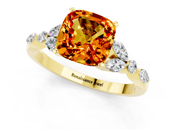 Yellow gold Cushion Cut Citrine Solitaire Ring with Side Stones and Four-Prong Setting