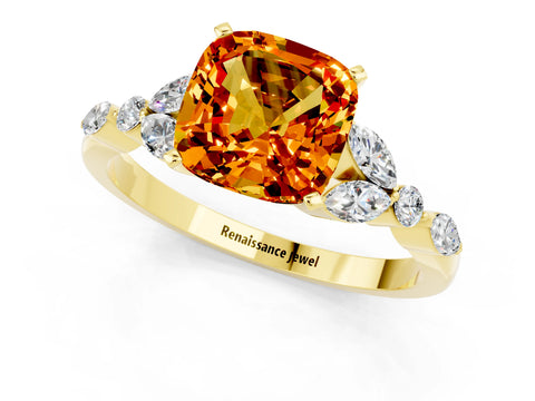 Yellow gold Cushion Cut Citrine Solitaire Ring with Side Stones and Four-Prong Setting_13