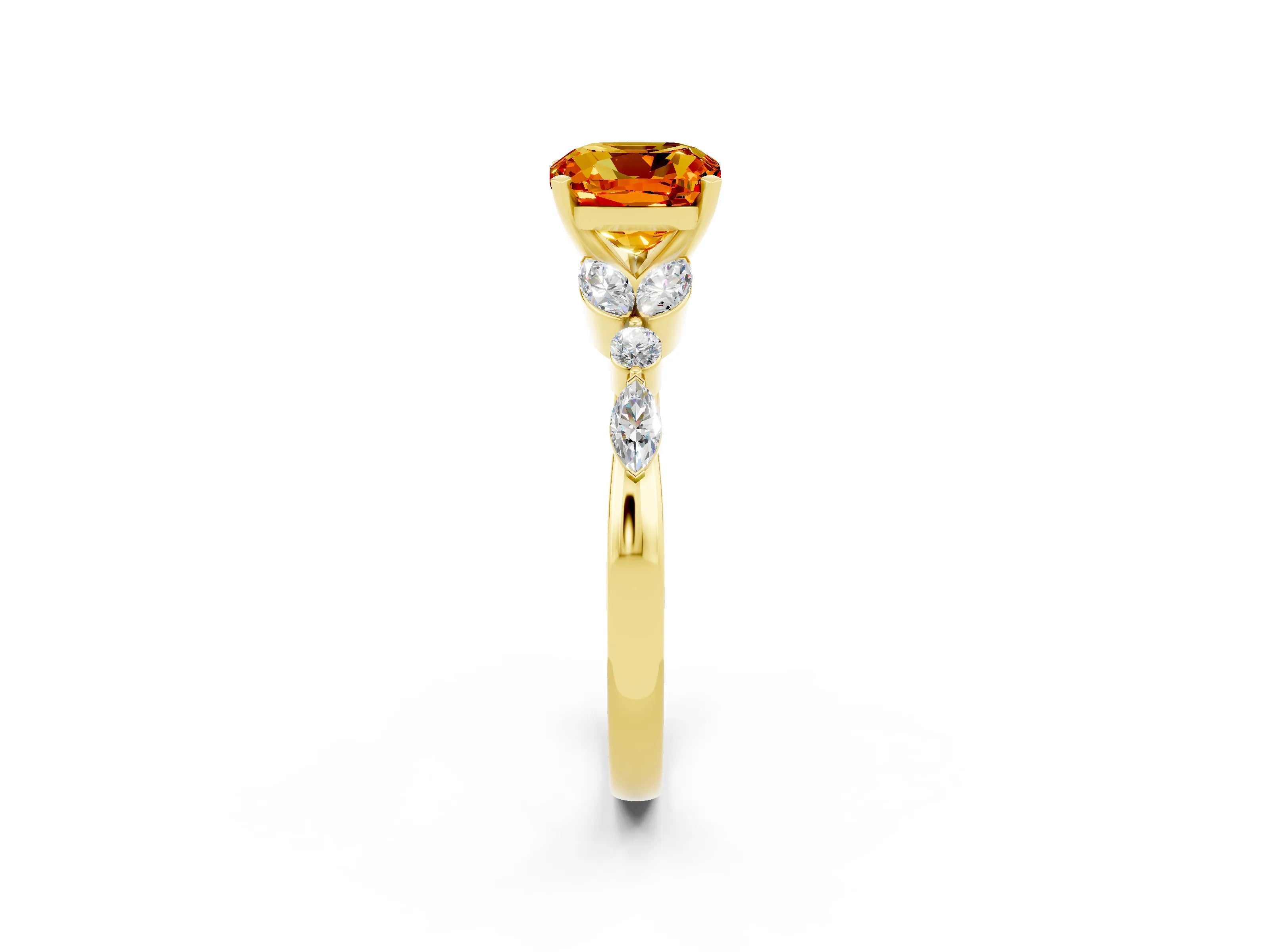 Yellow gold Cushion Cut Citrine Solitaire Ring with Side Stones and Four-Prong Setting_14