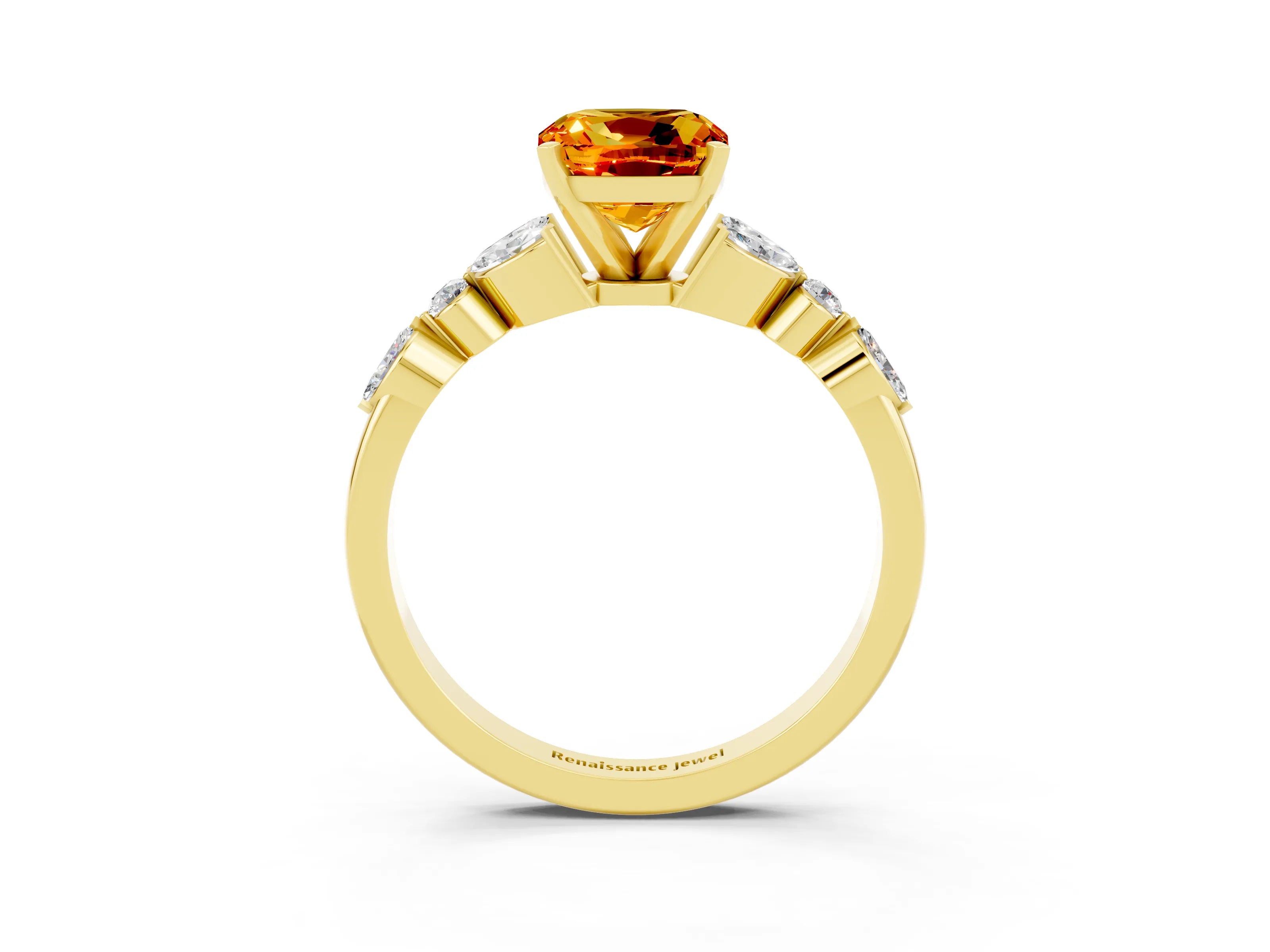 Yellow gold Cushion Cut Citrine Solitaire Ring with Side Stones and Four-Prong Setting_15