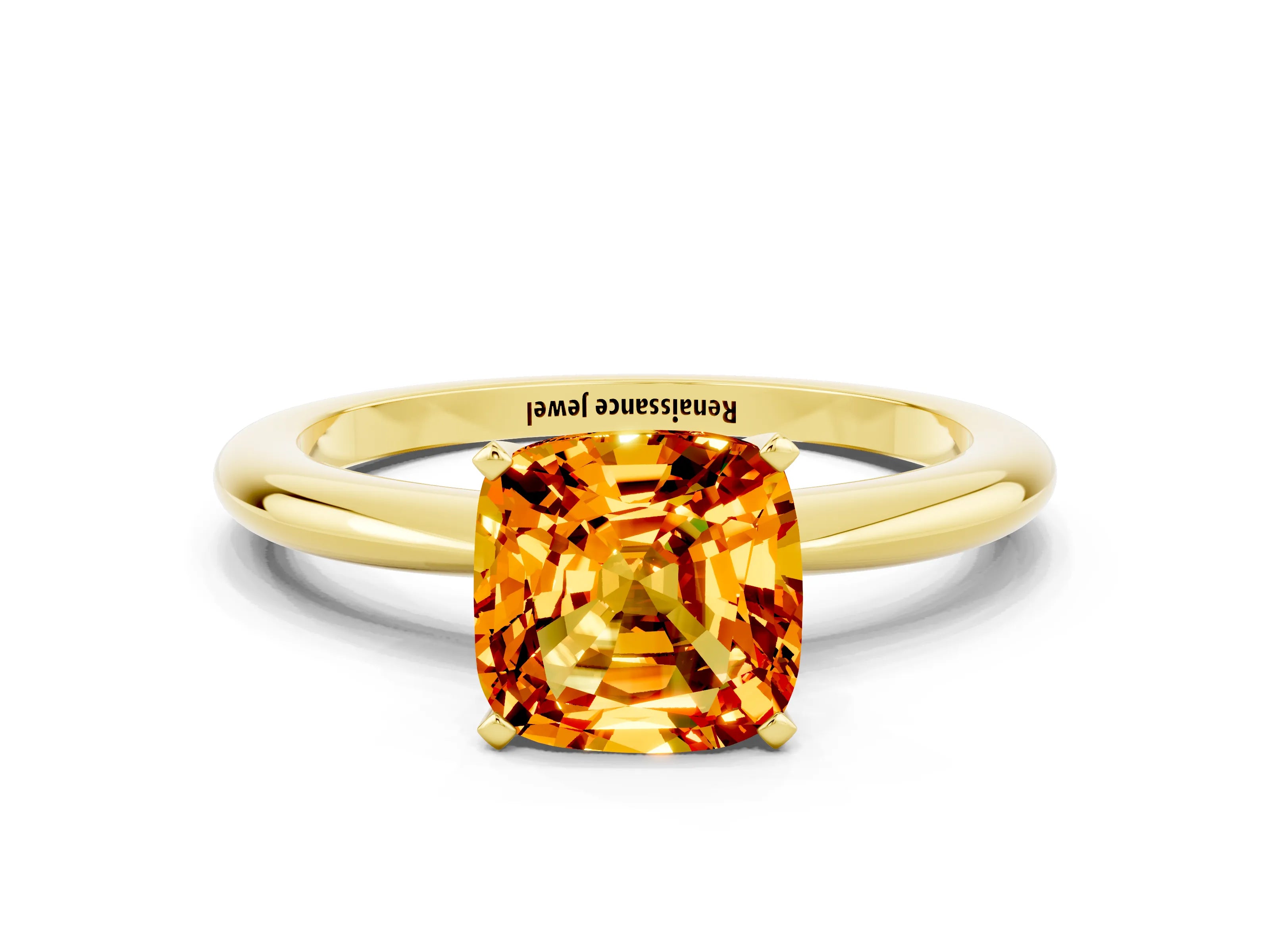 Yellow gold Cushion Cut Citrine Solitaire Ring with Six-Prong Setting and Classic Band