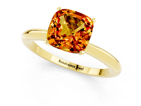 Yellow gold Cushion Cut Citrine Solitaire Ring with Six-Prong Setting and Classic Band_1