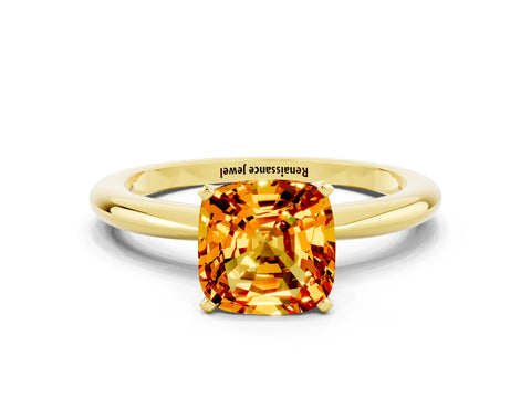 Yellow gold Cushion Cut Citrine Solitaire Ring with Six-Prong Setting and Classic Band