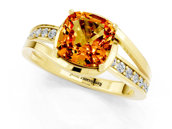 Yellow gold Cushion Cut Citrine Solitaire Ring with Split Shank and Prong Setting