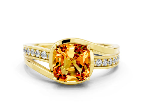 Yellow gold Cushion Cut Citrine Solitaire Ring with Split Shank and Prong Setting