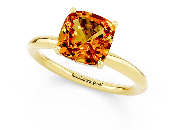 Yellow gold Cushion Cut Citrine Solitaire Ring with Thin Band and Four-Prong Setting