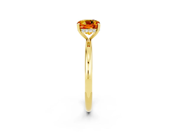 Yellow gold Cushion Cut Citrine Solitaire Ring with Thin Band and Four-Prong Setting
