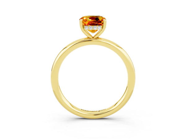 Yellow gold Cushion Cut Citrine Solitaire Ring with Thin Band and Four-Prong Setting