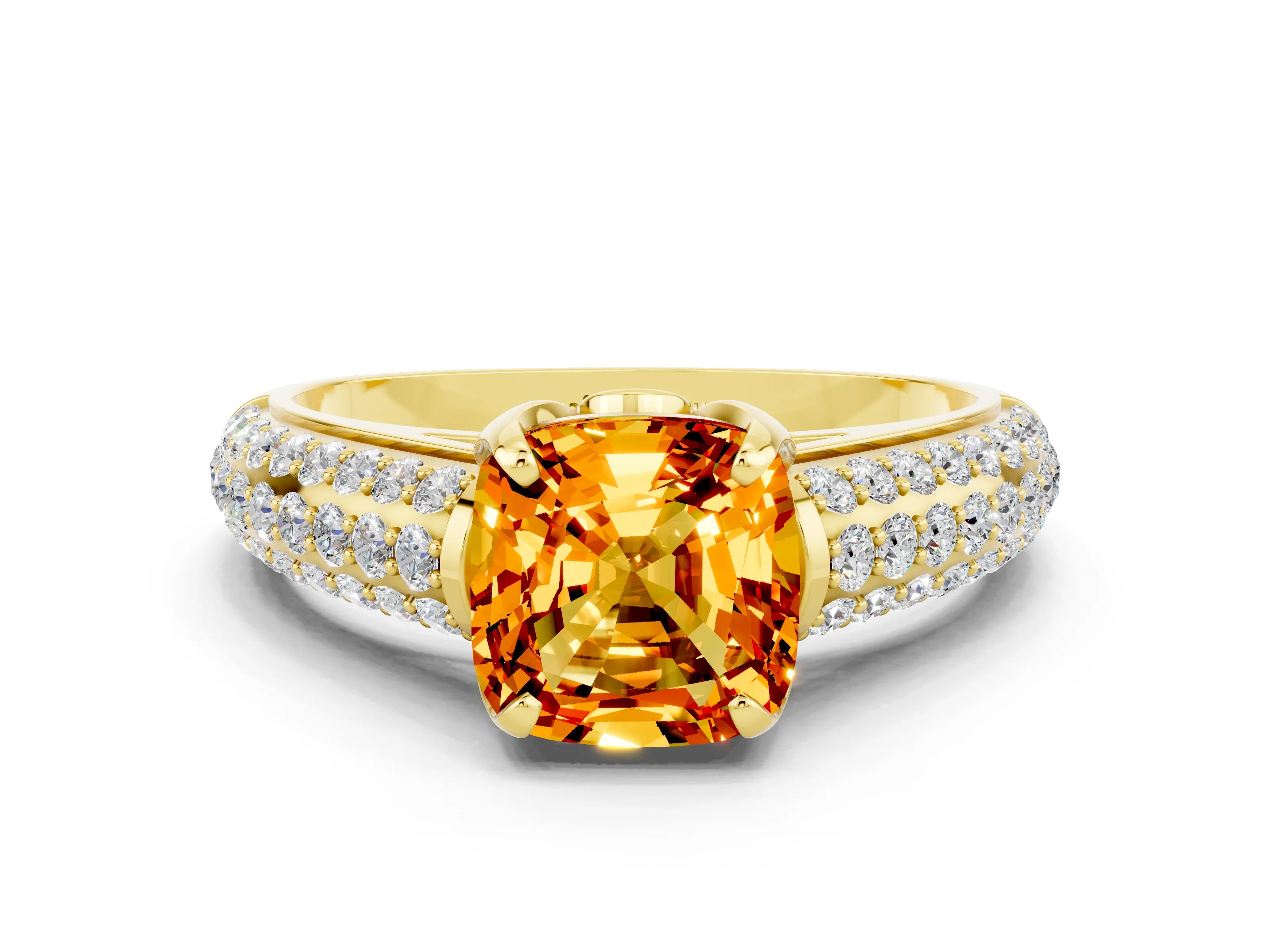Yellow gold Cushion Cut Citrine Solitaire Ring with Three-Row Pavé Band and Four-Prong Setting_12