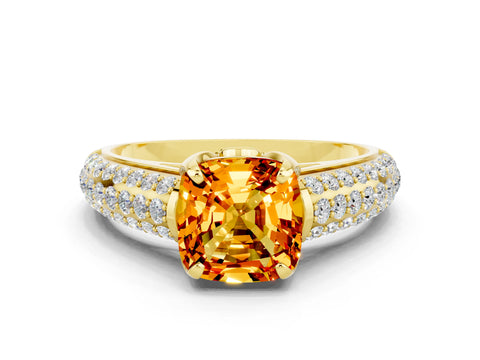 Yellow gold Cushion Cut Citrine Solitaire Ring with Three-Row Pavé Band and Four-Prong Setting_12