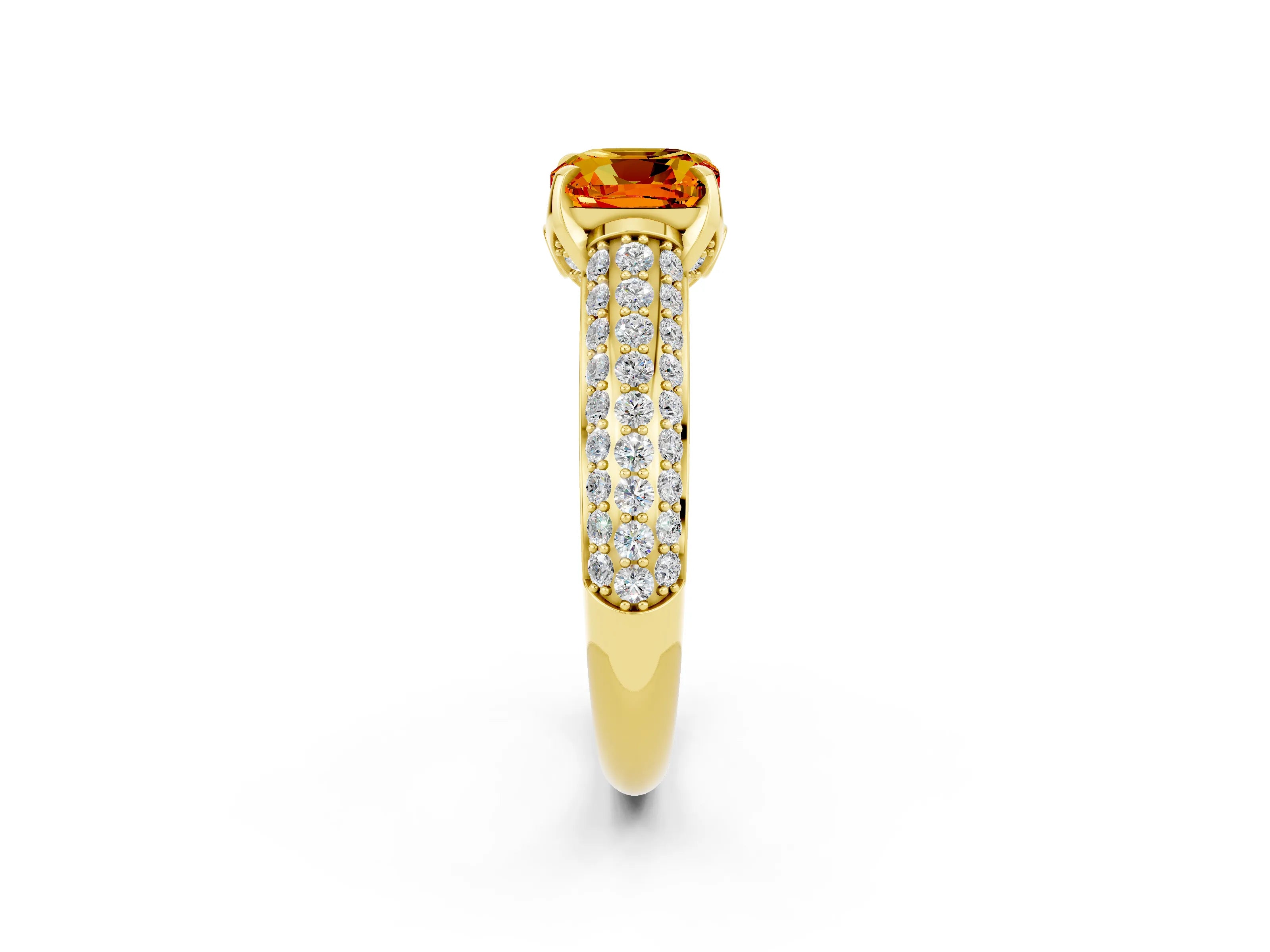 Yellow gold Cushion Cut Citrine Solitaire Ring with Three-Row Pavé Band and Four-Prong Setting_14