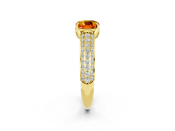Yellow gold Cushion Cut Citrine Solitaire Ring with Three-Row Pavé Band and Four-Prong Setting