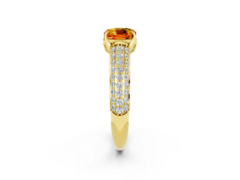Yellow gold Cushion Cut Citrine Solitaire Ring with Three-Row Pavé Band and Four-Prong Setting_14