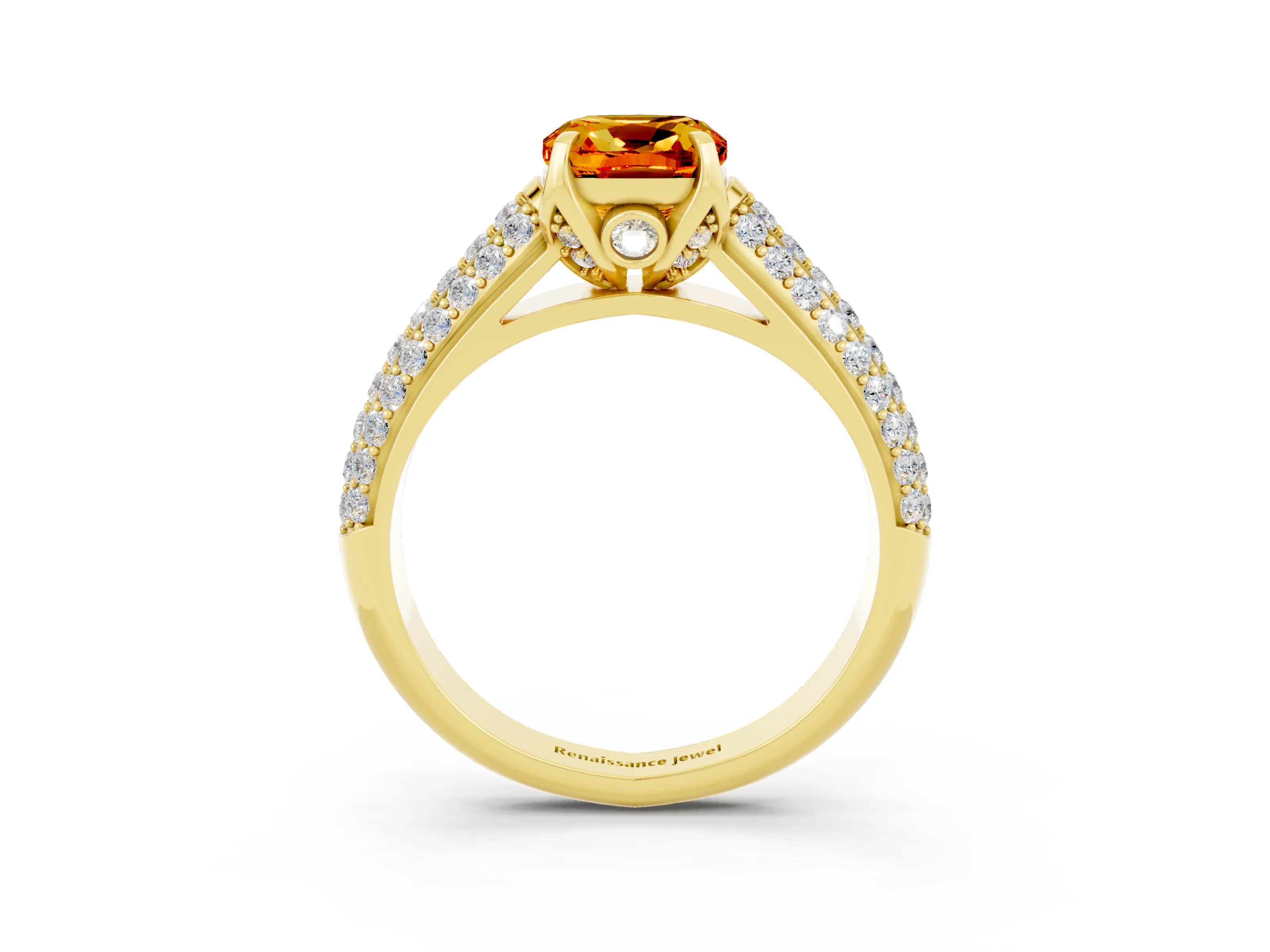 Yellow gold Cushion Cut Citrine Solitaire Ring with Three-Row Pavé Band and Four-Prong Setting_15