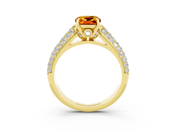 Yellow gold Cushion Cut Citrine Solitaire Ring with Three-Row Pavé Band and Four-Prong Setting