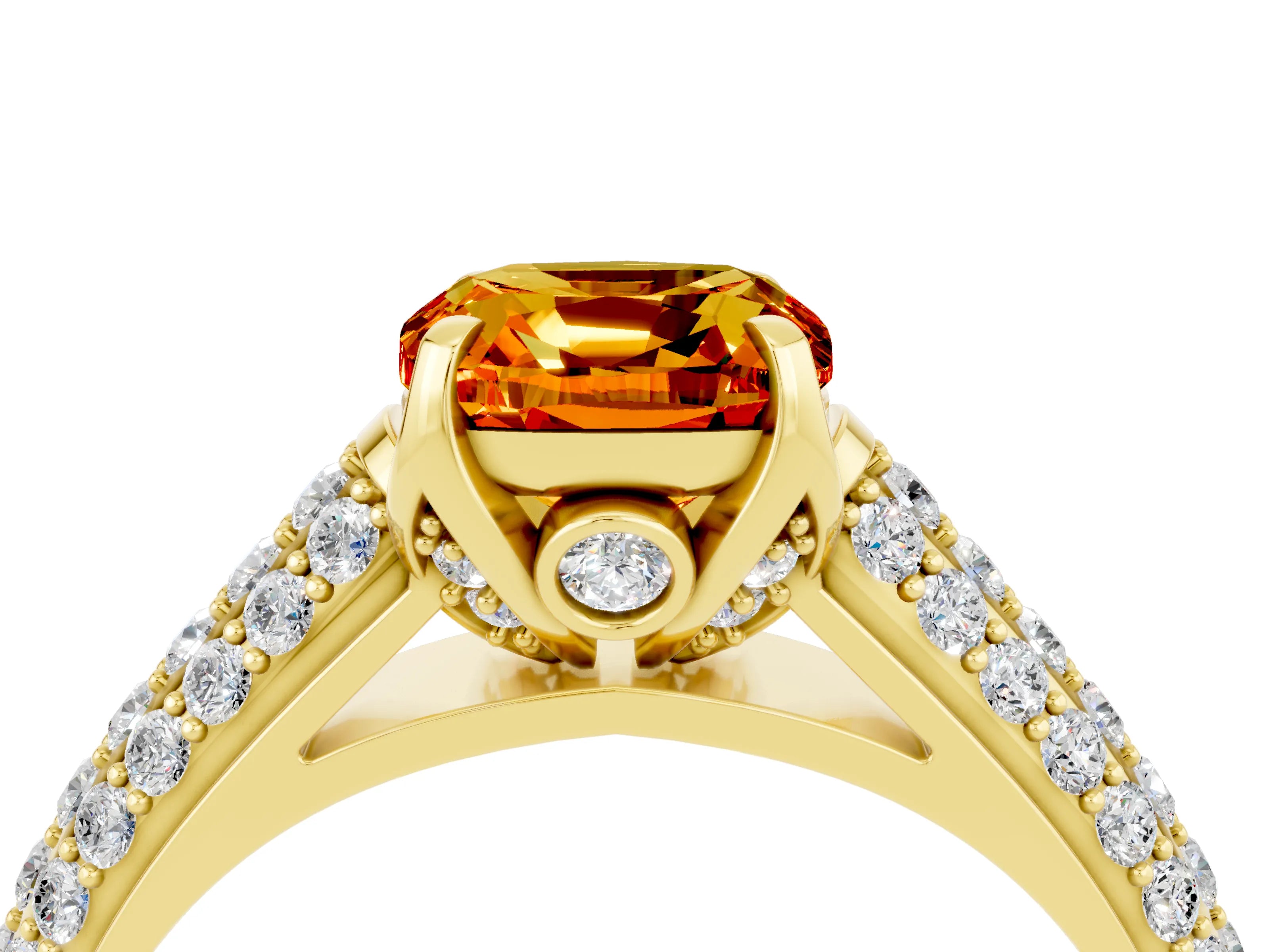 Yellow gold Cushion Cut Citrine Solitaire Ring with Three-Row Pavé Band and Four-Prong Setting_16